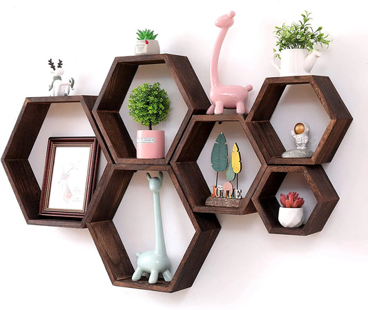 6” X 24” Brown Hexagonal Floating Shelves 6-Tier Rustic Wood Storage (6 Pieces)